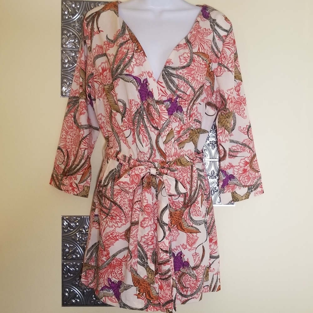 Boohoo Romper Floral Birds Feathers Boho Sz 8